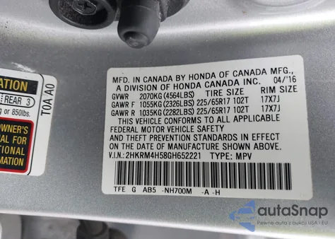 2016 Honda Cr-V Ex из США, поврежденный, VIN 2HKRM4H58GH652221